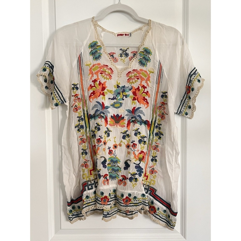 Johnny Was Blue Sky Embroidered Top Size M